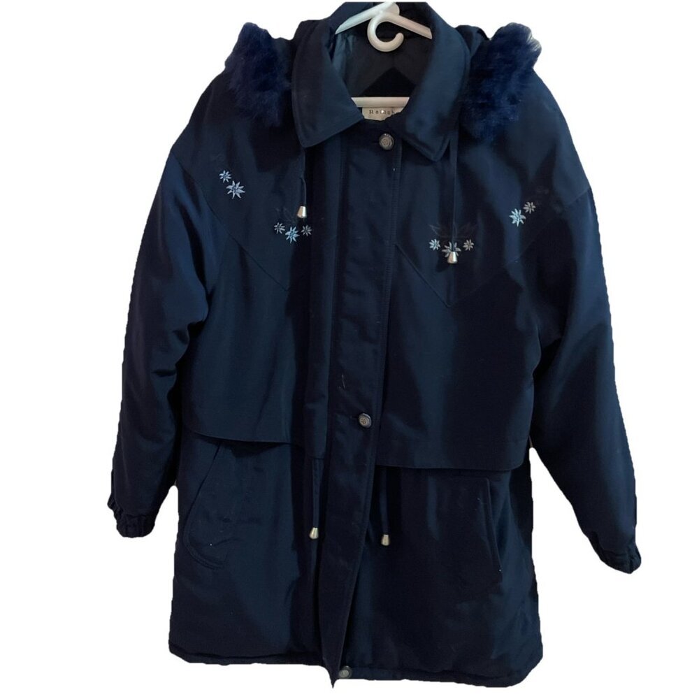 Vintage Rainshedder Womens Embroidered Parka Jacket Size XL Navy Hooded Cozycore